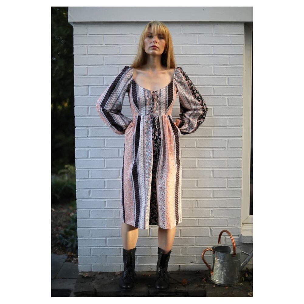 Onirik Marcela Dress Peach and Black Floral Stripe Cotton Size XS - Picture 2 of 12